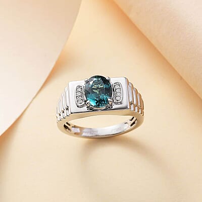 Rhapsody AAAA Pirineu Lagoon Tourmaline and E-F VS2 Diamond 2.10 ctw Men's Ring in 950 Platinum (Size 10.0) 10.50 Grams
