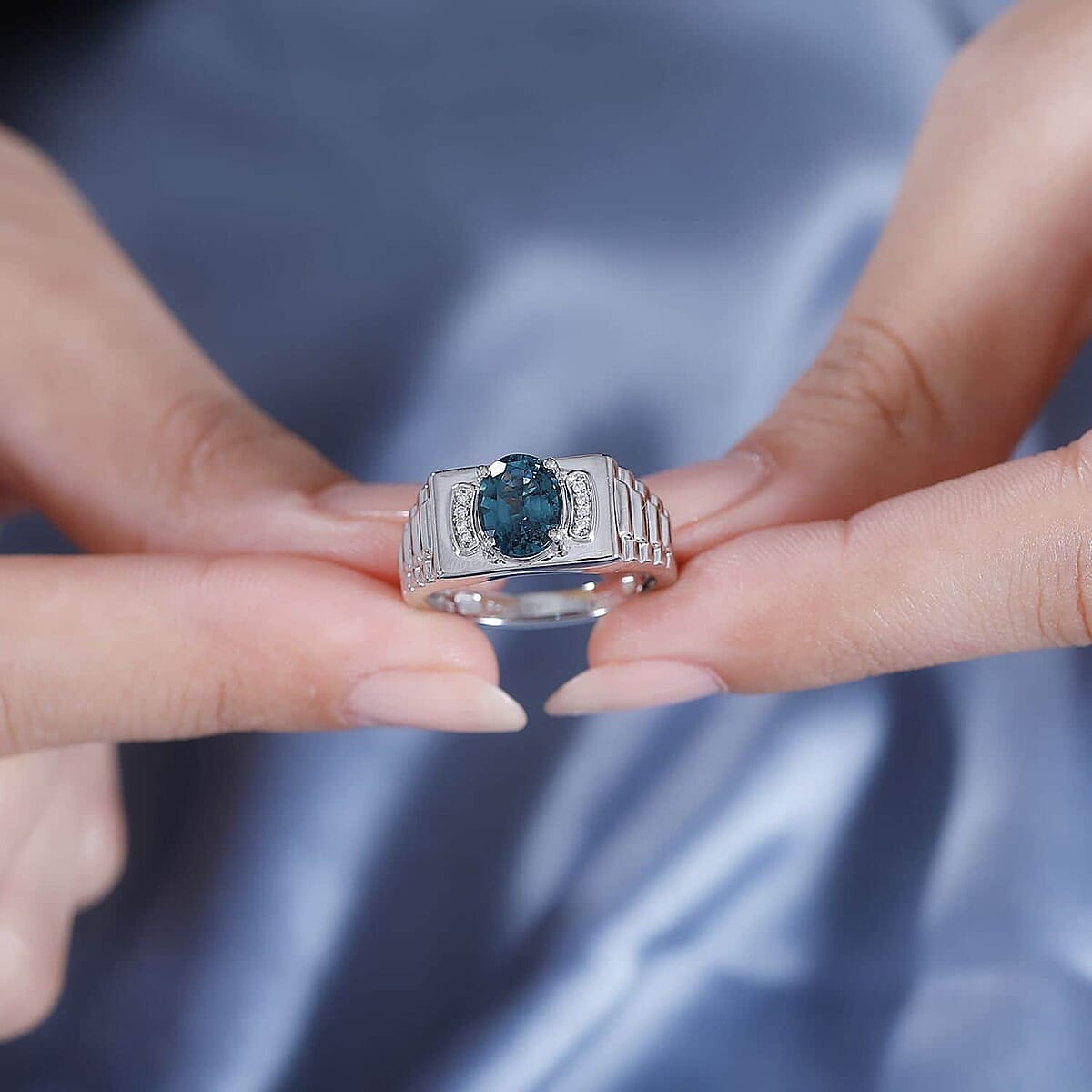 Rhapsody AAAA Pirineu Lagoon Tourmaline and E-F VS2 Diamond 2.10 ctw Men's Ring in 950 Platinum (Size 11.5) 10.50 Grams image number 2