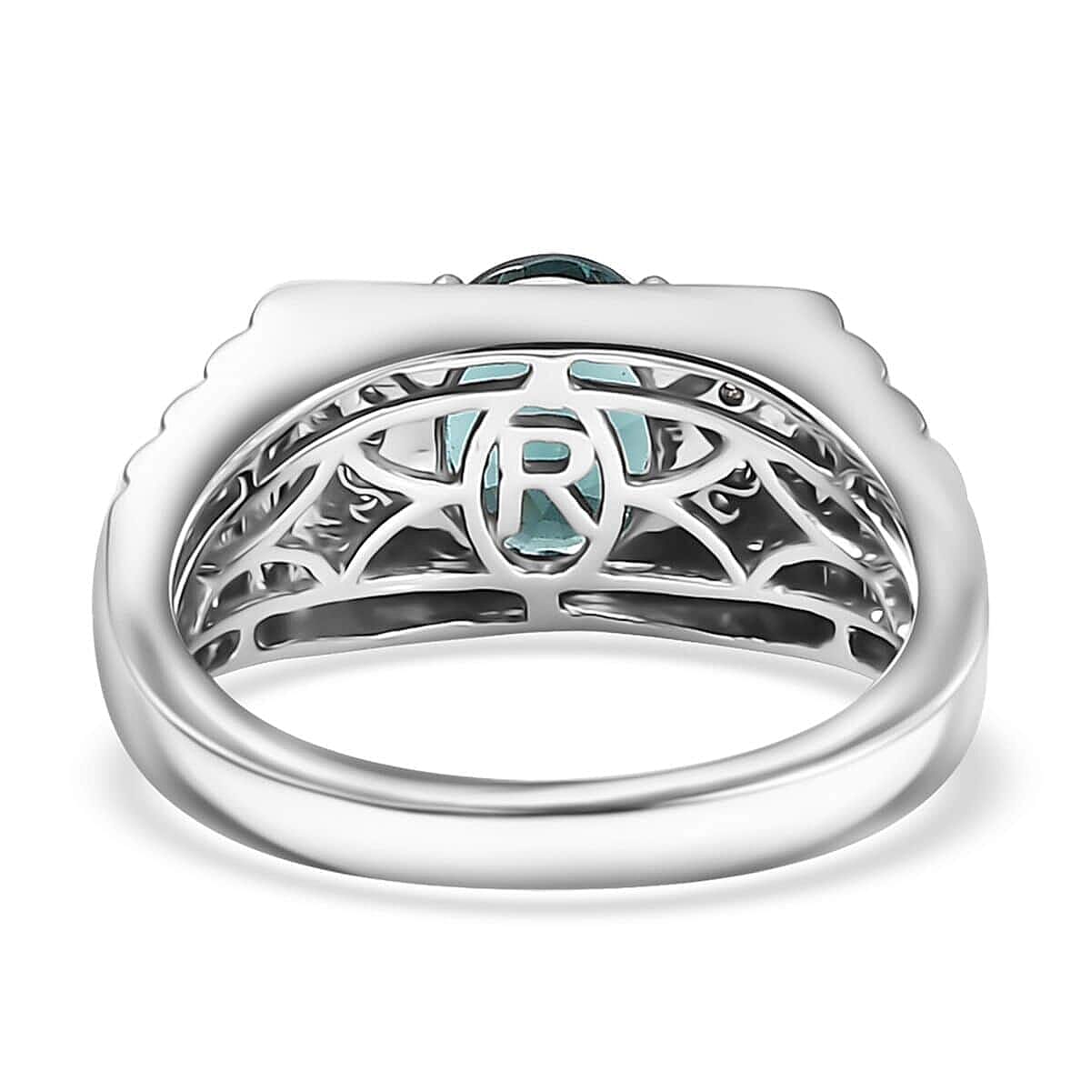 Rhapsody AAAA Pirineu Lagoon Tourmaline and E-F VS2 Diamond 2.10 ctw Men's Ring in 950 Platinum (Size 11.5) 10.50 Grams image number 4