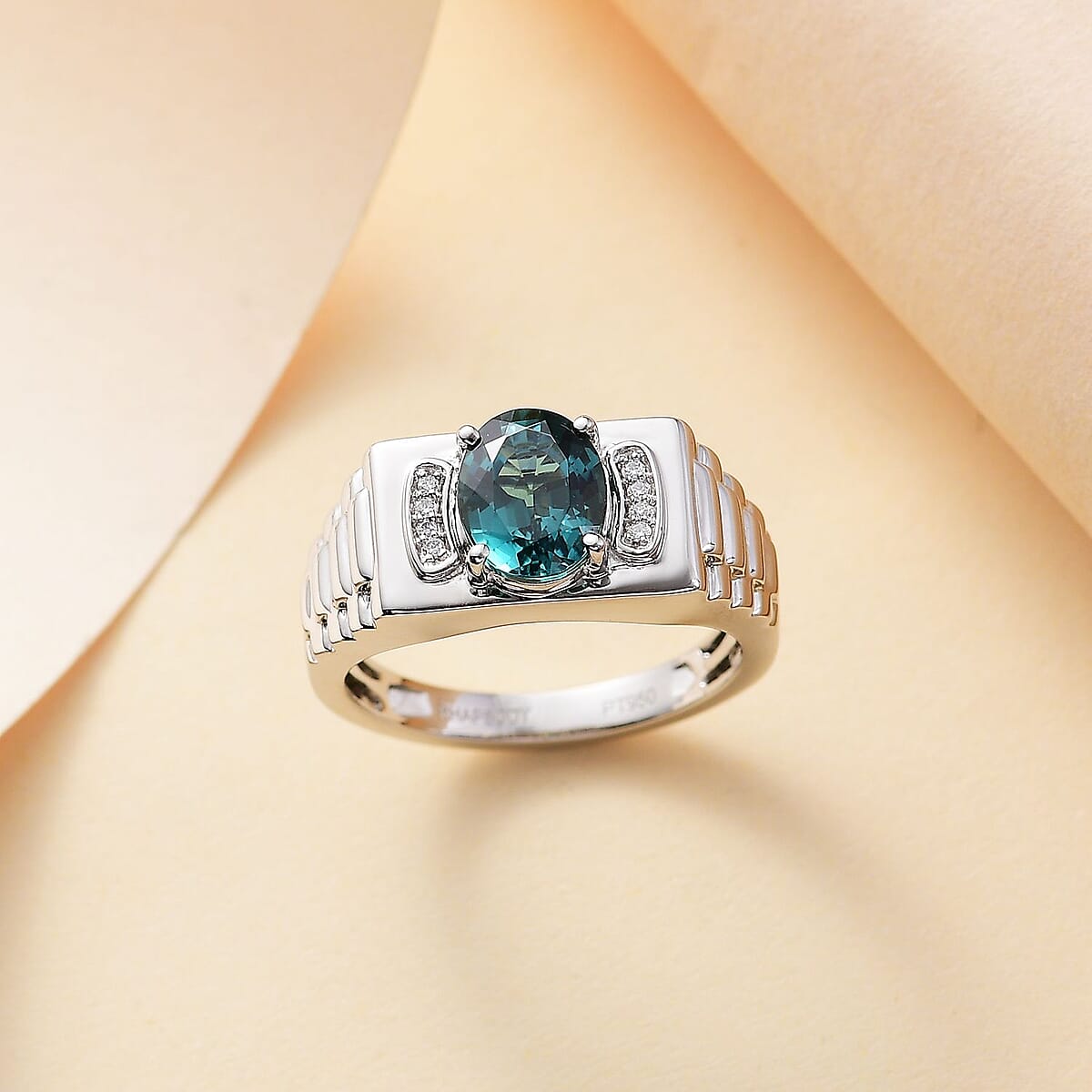 Rhapsody AAAA Pirineu Lagoon Tourmaline and E-F VS2 Diamond 2.10 ctw Men's Ring in 950 Platinum (Size 12.0) 10.50 Grams image number 1