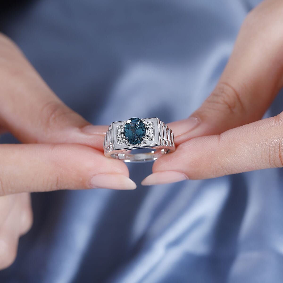 Rhapsody AAAA Pirineu Lagoon Tourmaline and E-F VS2 Diamond 2.10 ctw Men's Ring in 950 Platinum (Size 12.0) 10.50 Grams image number 2