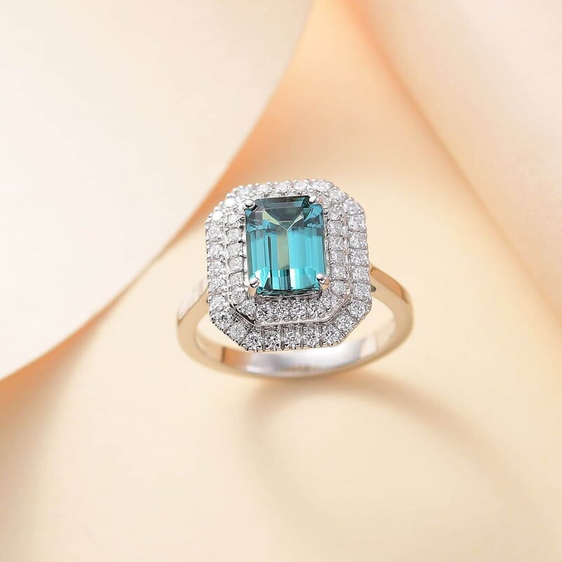 Certified & Appraised Rhapsody AAAA Pirineu Lagoon Tourmaline and E-F VS2 Diamond 3.30 ctw Double Halo Ring in 950 Platinum (Size  10.0) 8.05 Grams