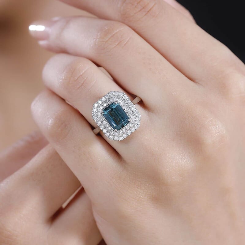 Certified & Appraised Rhapsody AAAA Pirineu Lagoon Tourmaline and E-F VS2 Diamond 3.30 ctw Double Halo Ring in 950 Platinum (Size  10.0) 8.05 Grams
