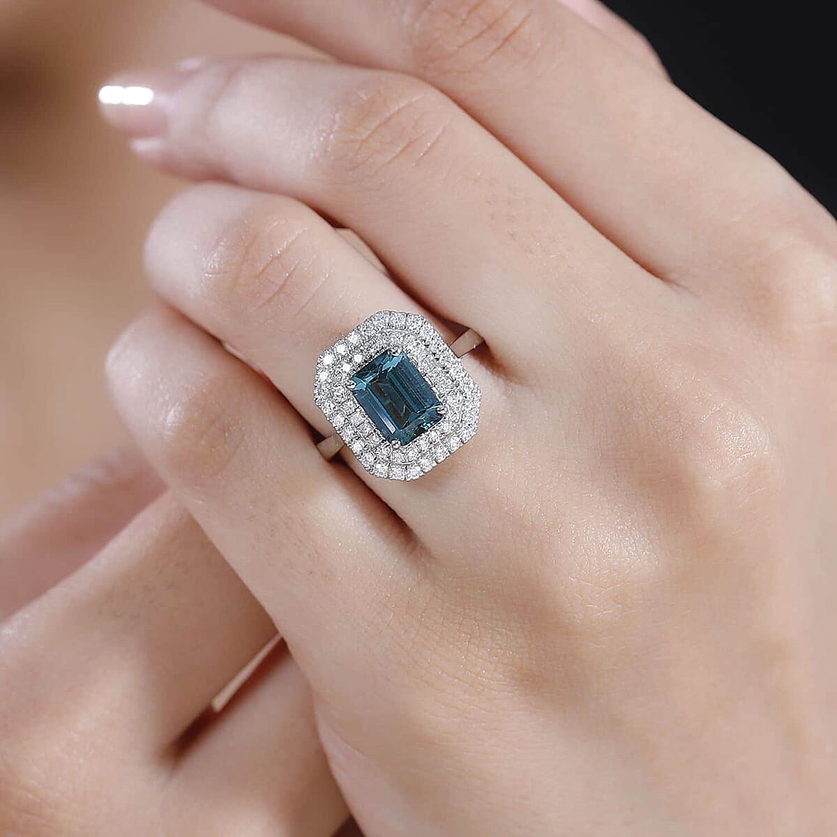 Certified & Appraised Rhapsody AAAA Pirineu Lagoon Tourmaline and E-F VS2 Diamond 3.30 ctw Double Halo Ring in 950 Platinum (Size  7.5)  8.05 Grams image number 2