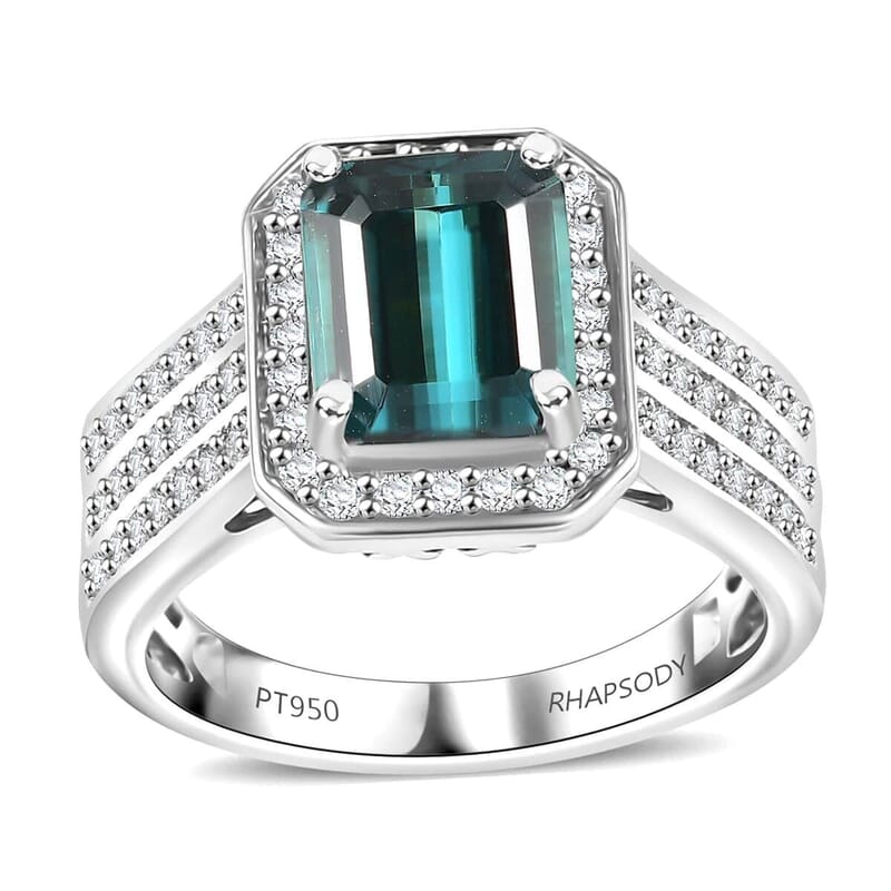 Certified & Appraised Rhapsody AAAA Pirineu Lagoon Tourmaline and E-F VS2 Diamond 3.86 ctw Ring in 950 Platinum (Size 10.0) 10 Grams