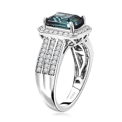 Certified & Appraised Rhapsody 950 Platinum AAAA Pirineu Lagoon Tourmaline, Diamond (E-F, VS2) (0.63 cts) Ring (Size 11.0) (10 g) 3.86 ctw