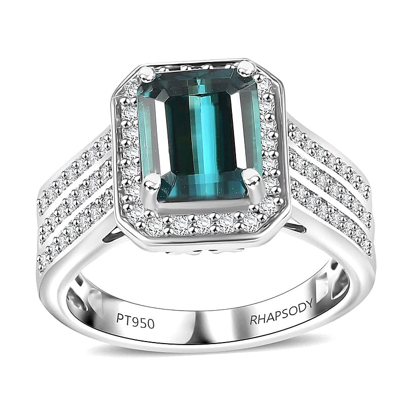 Certified & Appraised Rhapsody 950 Platinum AAAA Pirineu Lagoon Tourmaline, Diamond (E-F, VS2) (0.63 cts) Ring (Size 10.0) (10 g) 3.86 ctw