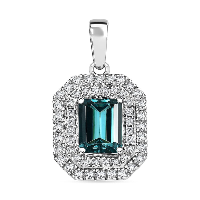 Certified & Appraised Rhapsody AAAA Pirineu Lagoon Tourmaline and E-F VS2 Diamond 3.05 ctw Double Halo Pendant in 950 Platinum 4.75 Grams