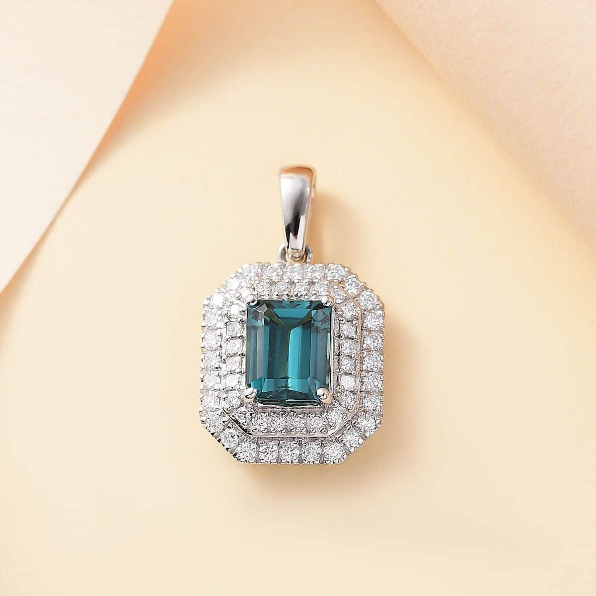 Certified & Appraised Rhapsody AAAA Pirineu Lagoon Tourmaline and E-F VS2 Diamond 3.05 ctw Double Halo Pendant in 950 Platinum 4.75 Grams image number 1