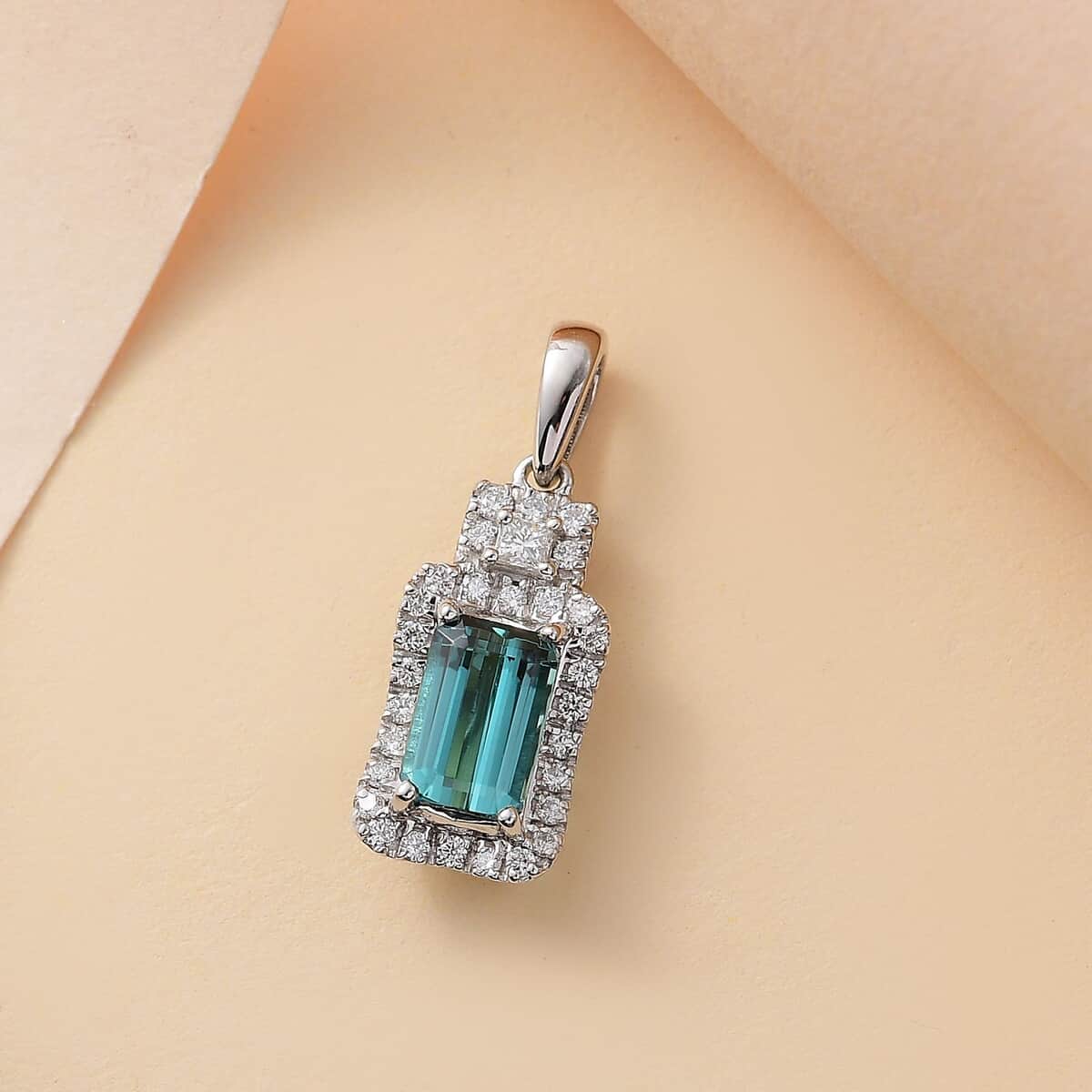 Certified & Appraised Rhapsody AAAA Pirineu Lagoon Tourmaline and E-F VS2 Diamond 1.70 ctw Pendant in 950 Platinum image number 1