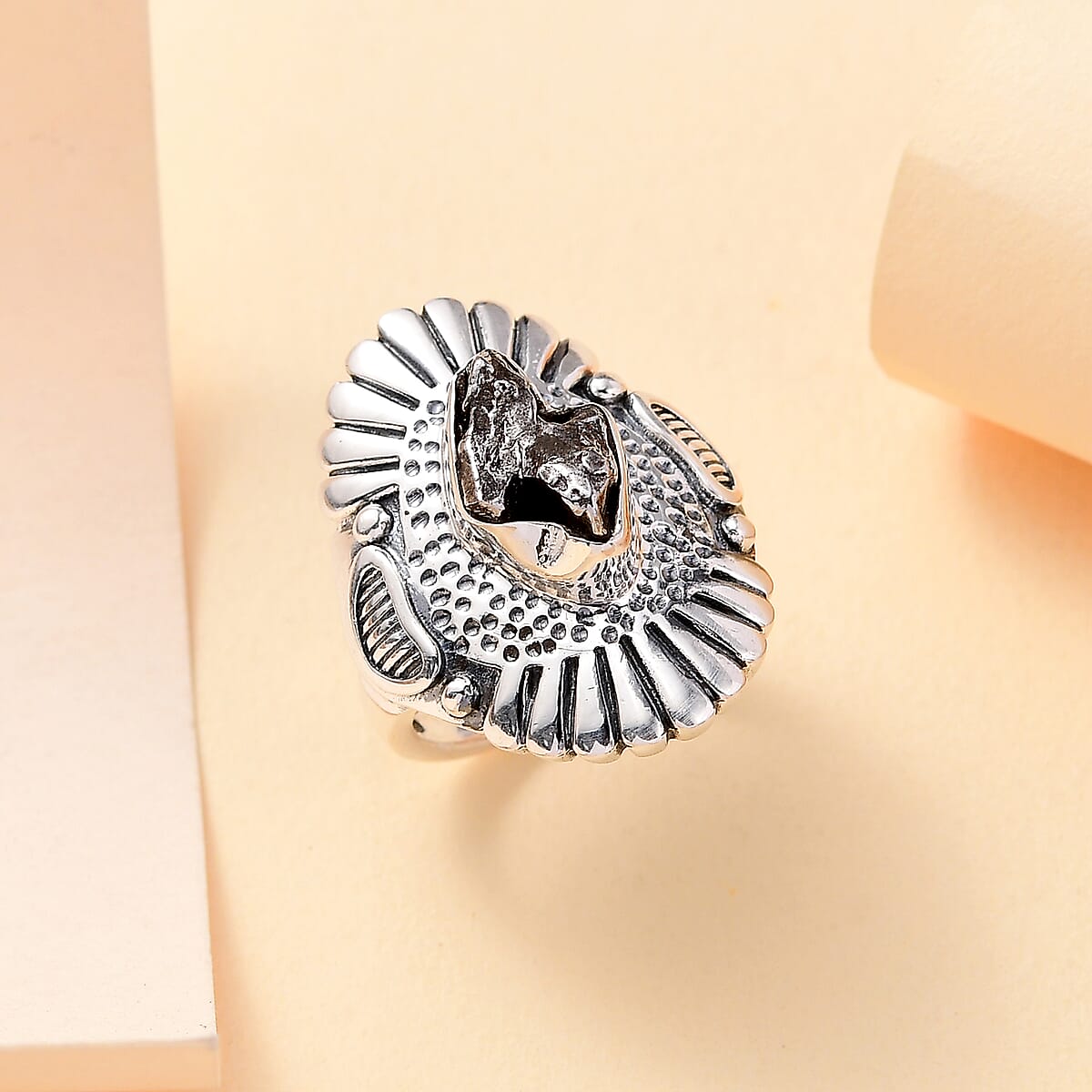 Artisan Crafted Rough Cut Marvelous Meteorite Cosmic Impact Ring in Sterling Silver (Size 9.0) image number 1