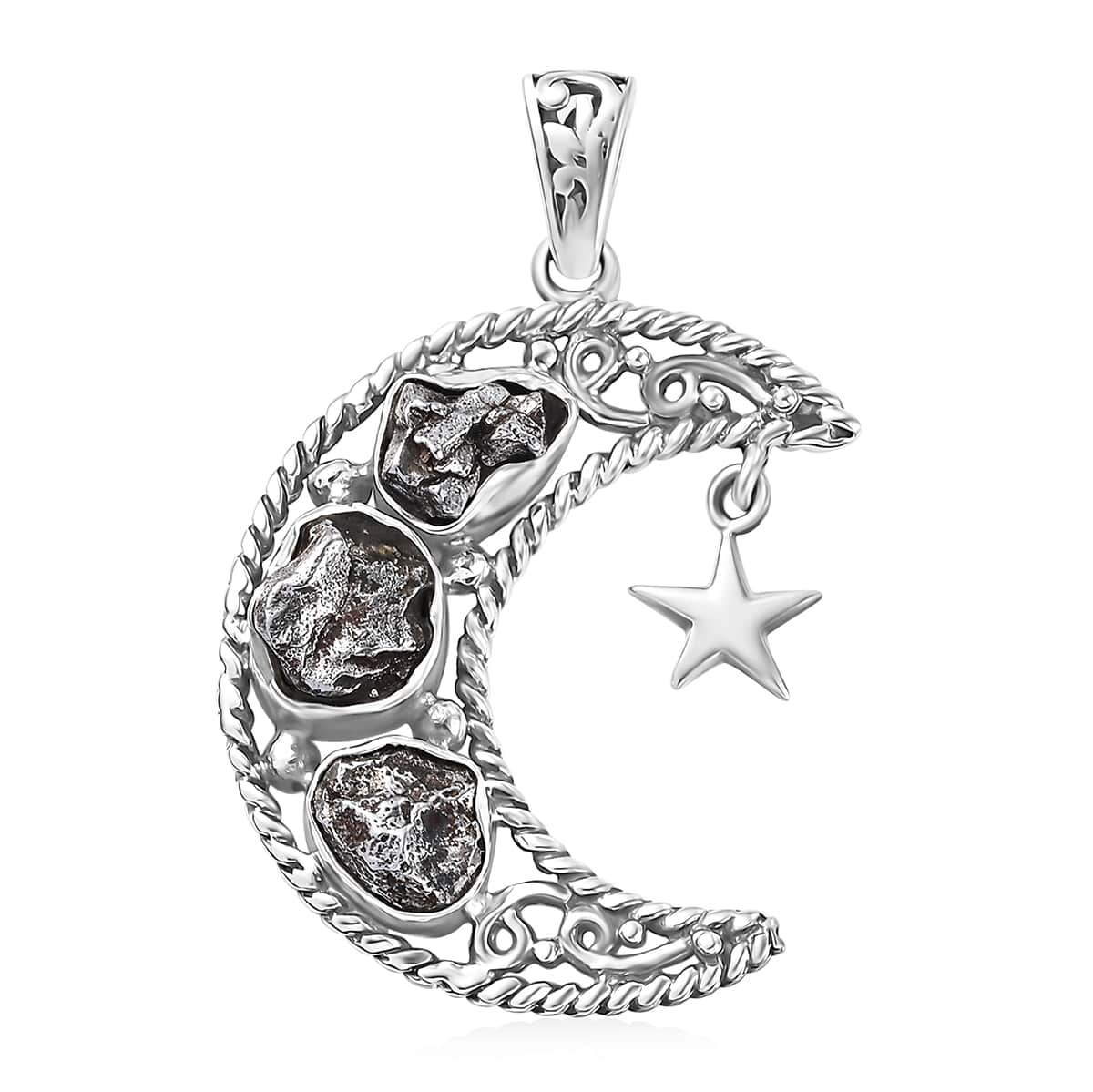 Artisan Crafted Rough Cut Marvelous Meteorite Moon Star Pendant in Sterling Silver image number 0