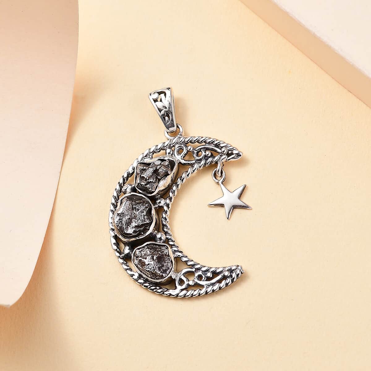 Artisan Crafted Rough Cut Marvelous Meteorite Moon Star Pendant in Sterling Silver image number 1