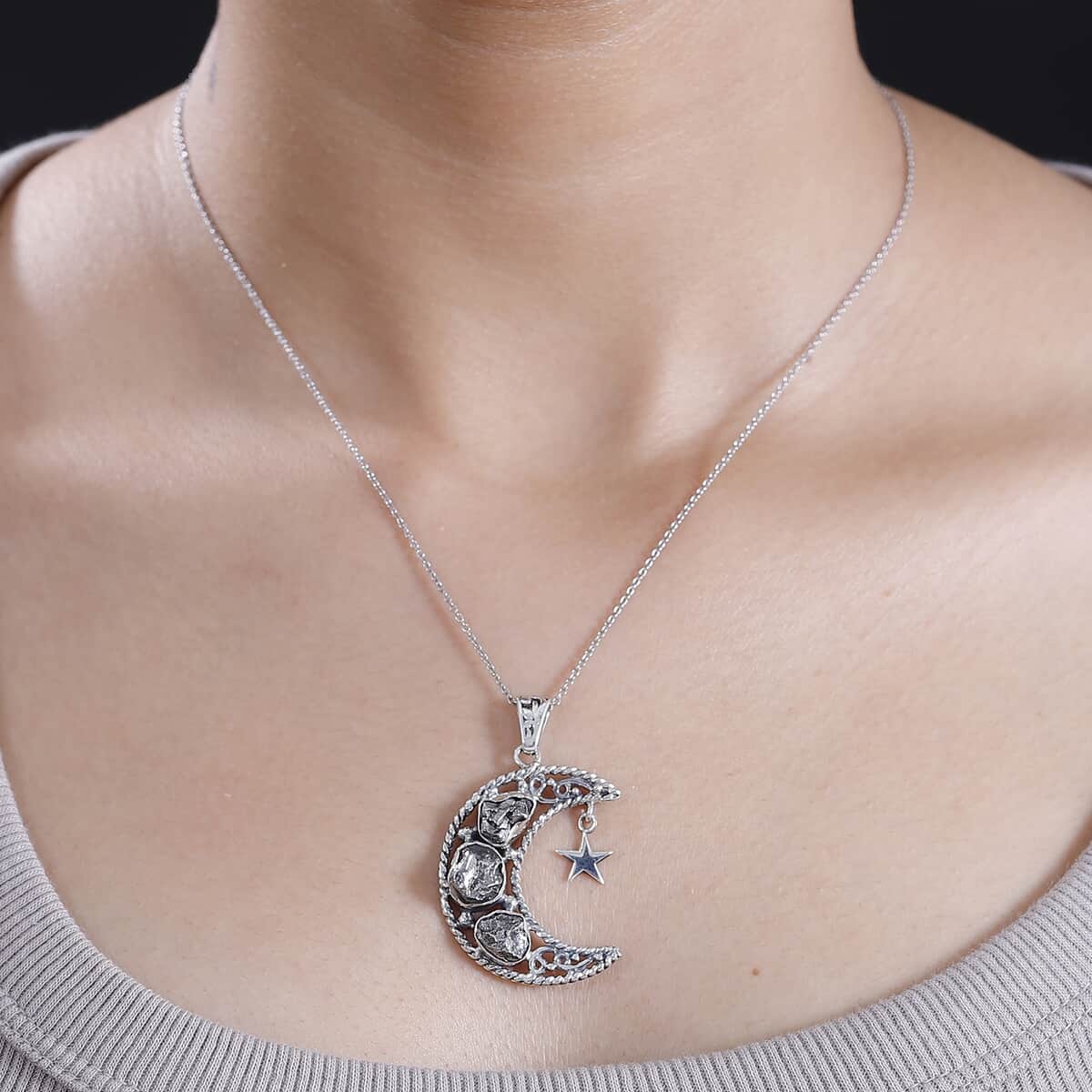 Artisan Crafted Rough Cut Marvelous Meteorite Moon Star Pendant in Sterling Silver image number 2