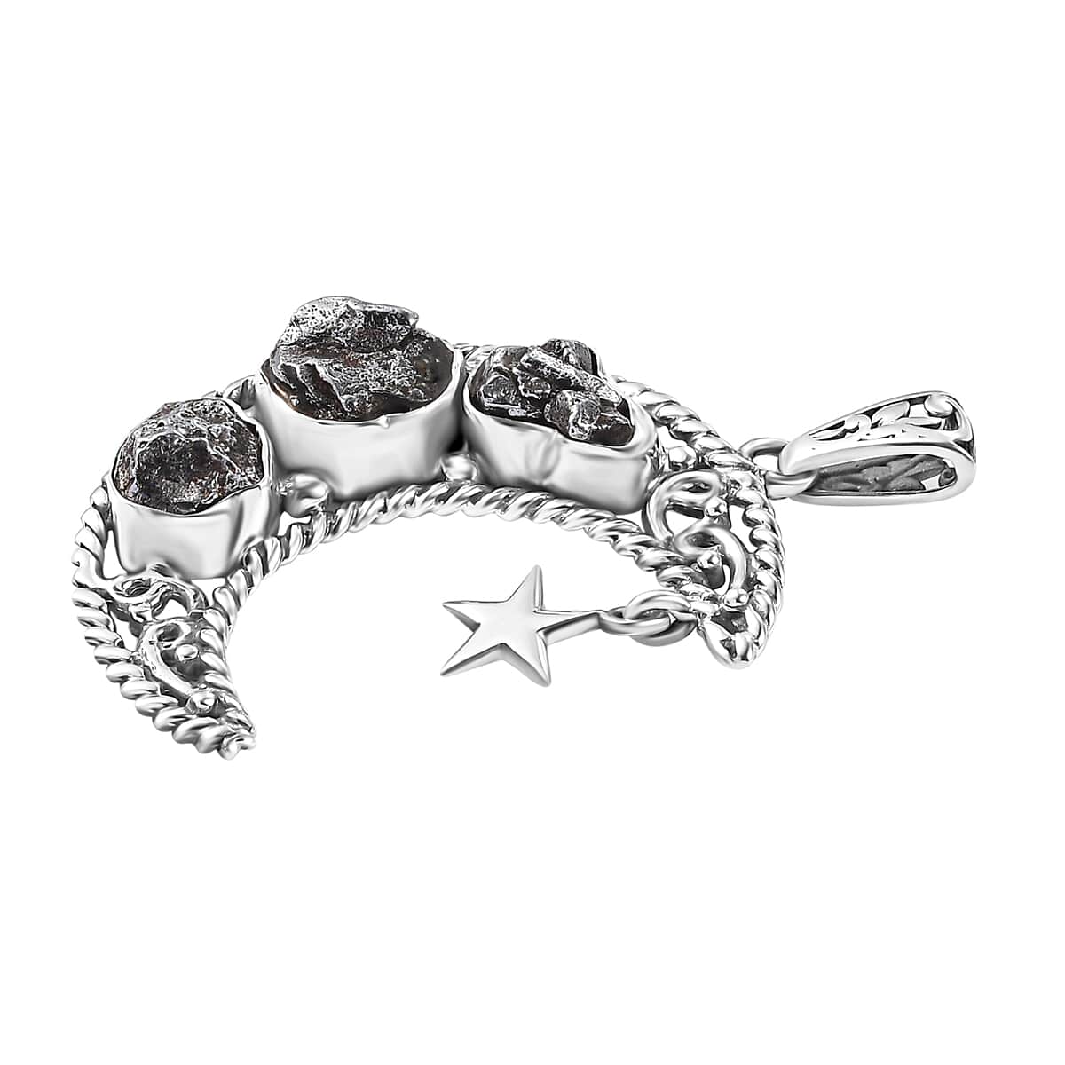 Artisan Crafted Rough Cut Marvelous Meteorite Moon Star Pendant in Sterling Silver image number 3