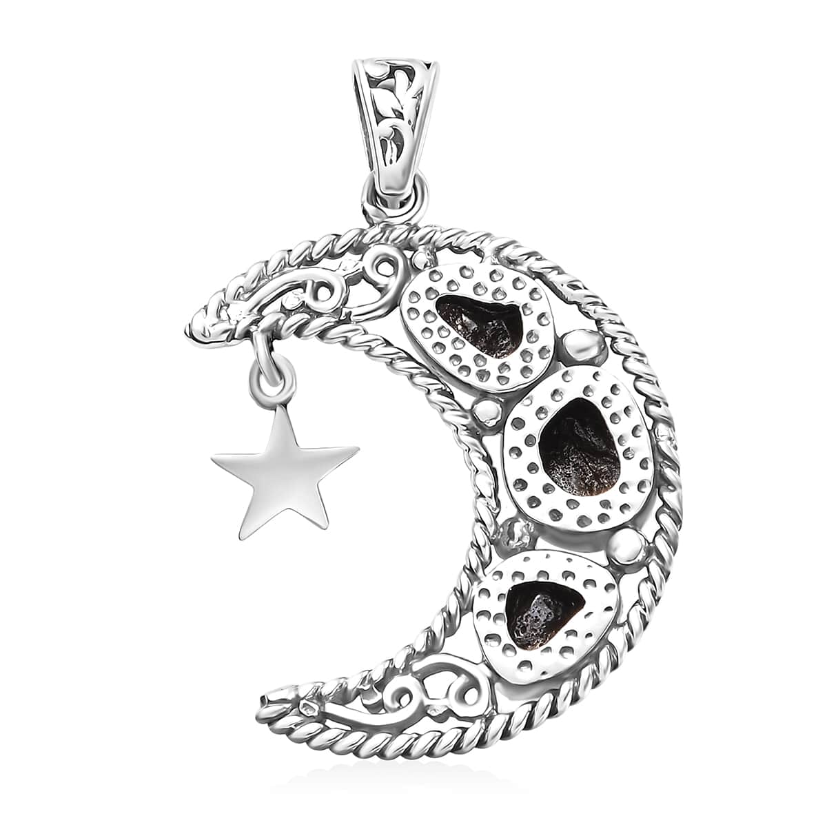 Artisan Crafted Rough Cut Marvelous Meteorite Moon Star Pendant in Sterling Silver image number 4