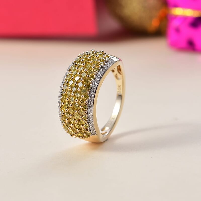 Luxoro 10K Yellow Gold Yellow Diamond (IR), Diamond (I2) Honeycomb Luxe Ring (Size 11.0) 1.50 ctw