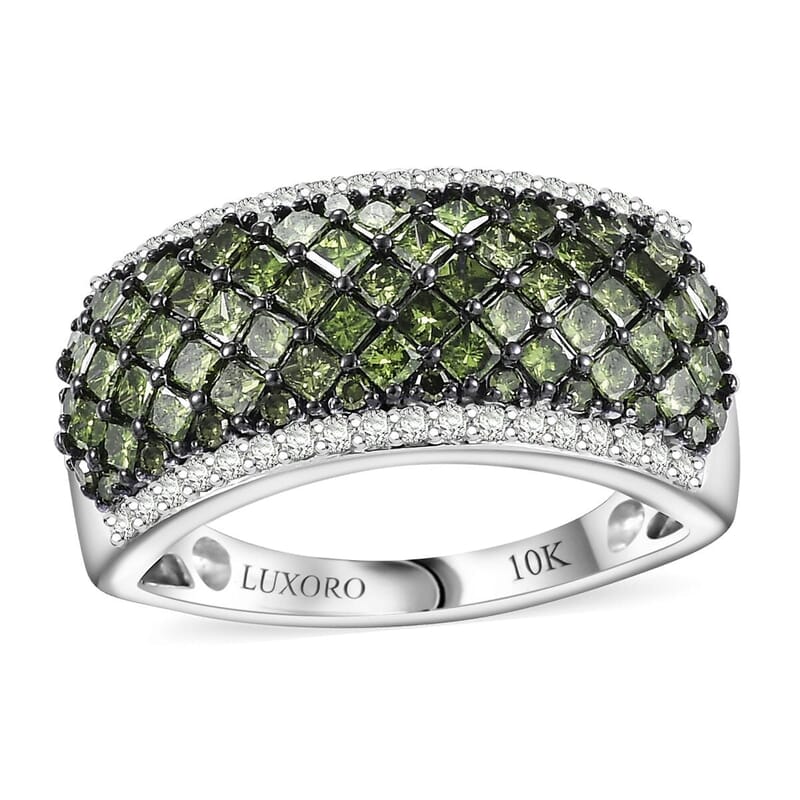 Luxoro 10K White Gold Green Diamond (IR), Diamond (I2) Honeycomb Luxe Ring (Size 6.5) 1.50 ctw