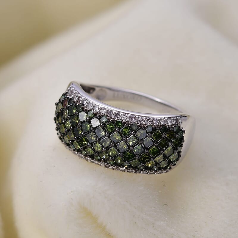 Luxoro 10K White Gold Green Diamond (IR), Diamond (I2) Honeycomb Luxe Ring (Size 6.5) 1.50 ctw