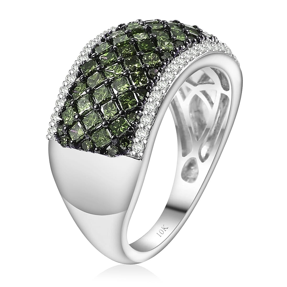 Luxoro 10K White Gold Green Diamond (IR), Diamond (I2) Honeycomb Luxe Ring (Size 6.5) 1.50 ctw