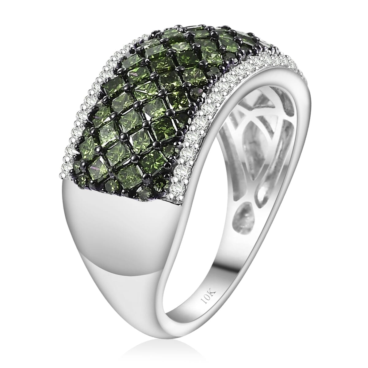 Luxoro 10K White Gold Green Diamond (IR), Diamond (I2) Honeycomb Luxe Ring (Size 7.5) 1.50 ctw image number 3