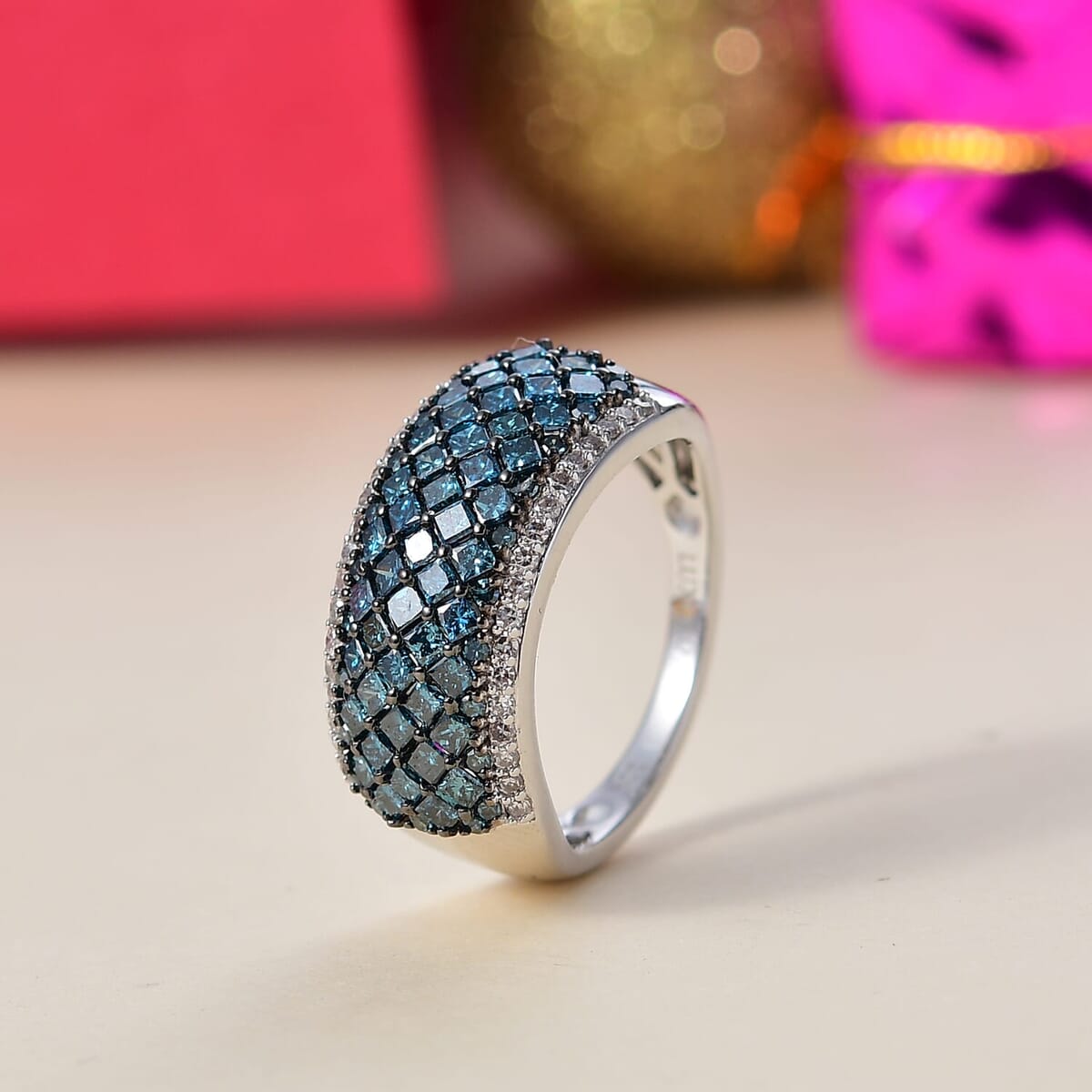 Luxoro 10K White Gold Blue Diamond (IR), Diamond (I2) Honeycomb Luxe Ring (Size 5.5) 1.50 ctw image number 1