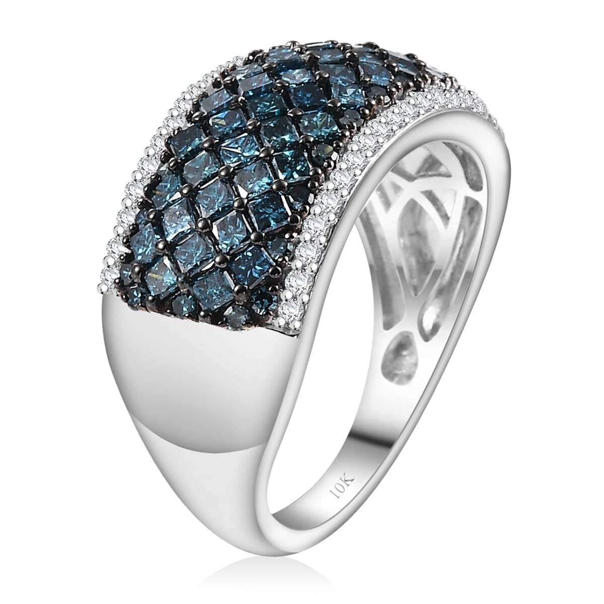 Luxoro 10K White Gold Blue Diamond (IR), Diamond (I2) Honeycomb Luxe Ring (Size 5.5) 1.50 ctw image number 3