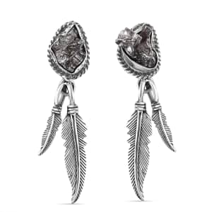 Artisan Crafted Rough Cut Marvelous Meteorite Feather Earrings in Black Oxidized Sterling Silver