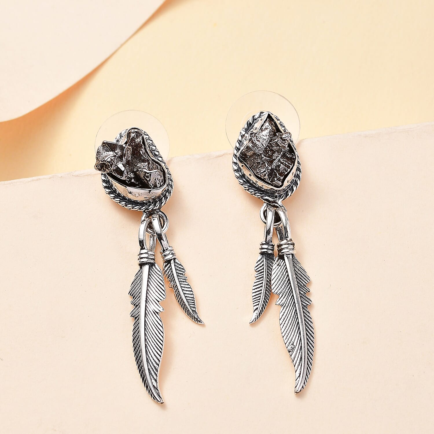 D'Joy Artisan Crafted Rough Cut Marvelous Meteorite Feather Earrings in Black Oxidized Sterling Silver
