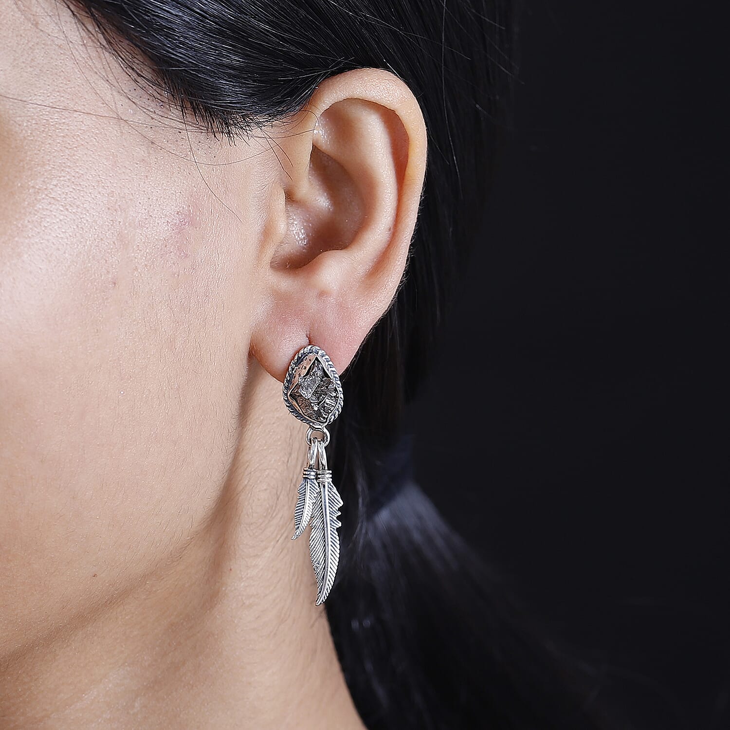 D'Joy Artisan Crafted Rough Cut Marvelous Meteorite Feather Earrings in Black Oxidized Sterling Silver