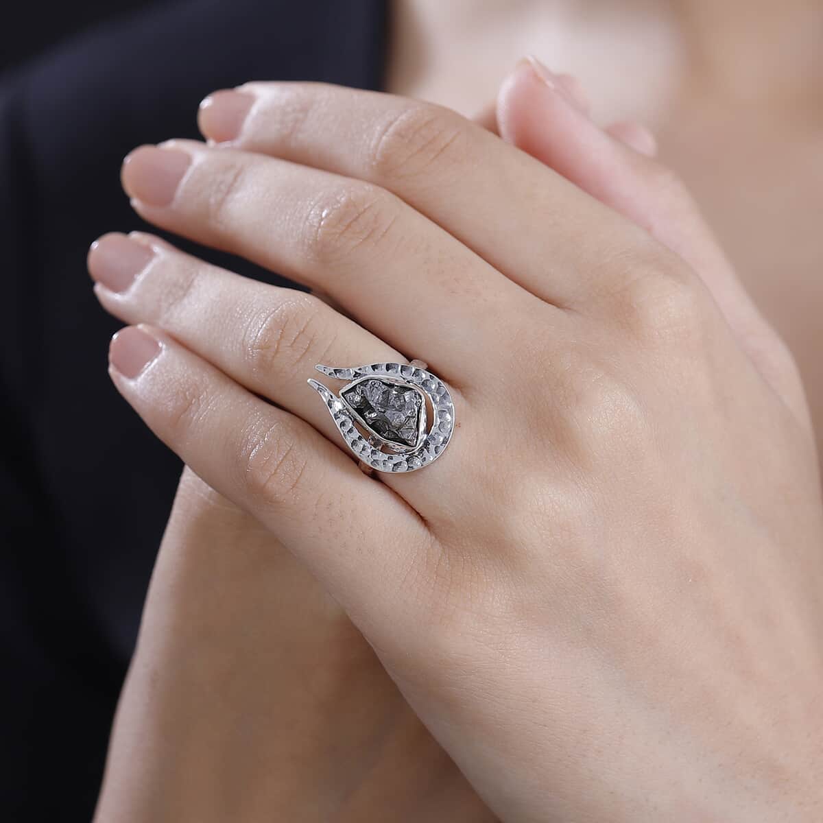 Artisan Crafted Rough Cut Marvelous Meteorite Comet Ring in Black Oxidized Sterling Silver (Size 10.0) image number 2