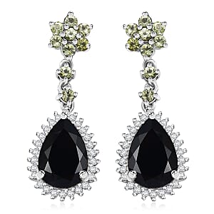D'Joy California Black Jade and Multi Gemstone 7.70 ctw Flower Drop Earrings in Rhodium Over Sterling Silver