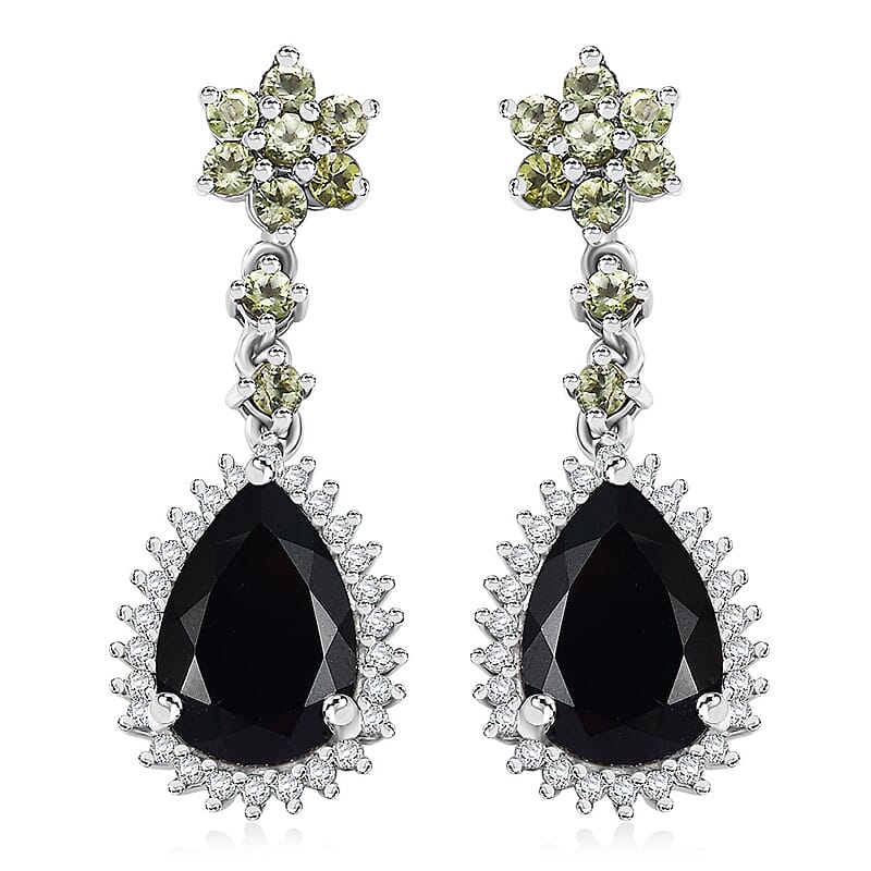 D'Joy California Black Jade and Multi Gemstone 7.70 ctw Flower Drop Earrings in Rhodium Over Sterling Silver