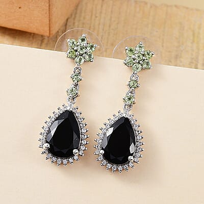 D'Joy California Black Jade and Multi Gemstone 7.70 ctw Flower Drop Earrings in Rhodium Over Sterling Silver