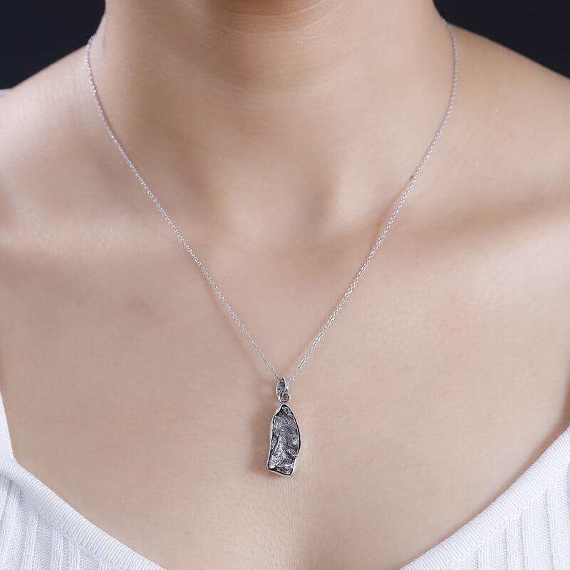 Artisan Crafted Rough Cut Marvelous Meteorite Pendant without Chain in Black Oxidized Sterling Silver