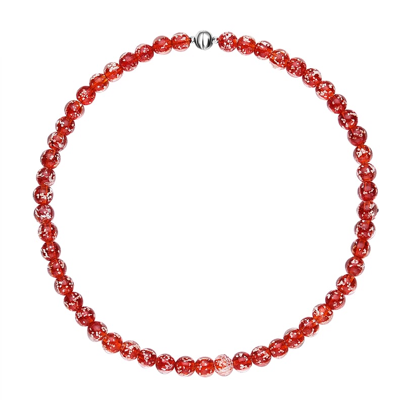 Red Color Murano Style Beaded Necklace 20 Inches in Stainless Steel