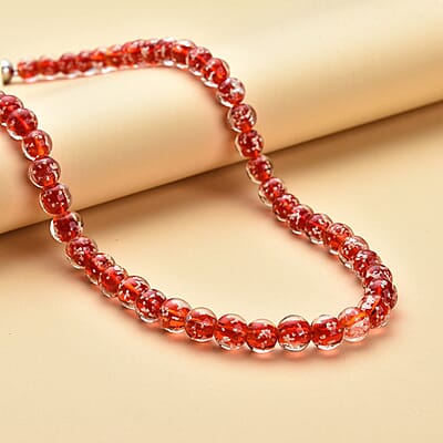 Red Color Murano Style Beaded Necklace 20 Inches in Stainless Steel