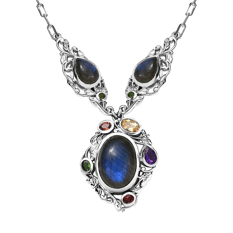 Karis Malagasy Labradorite and Multi Gemstone 19.60 ctw Celestial Garden Necklace in Platinum Bond 18 Inches