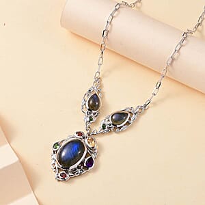 Karis Malagasy Labradorite and Multi Gemstone 19.60 ctw Celestial Garden Necklace in Platinum Bond 18 Inches