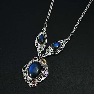 Karis Malagasy Labradorite and Multi Gemstone 19.60 ctw Celestial Garden Necklace in Platinum Bond 18 Inches