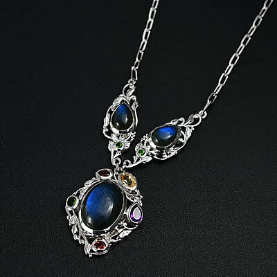 Karis Malagasy Labradorite and Multi Gemstone 19.60 ctw Celestial Garden Necklace in Platinum Bond 18 Inches