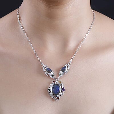 Karis Malagasy Labradorite and Multi Gemstone 19.60 ctw Celestial Garden Necklace in Platinum Bond 18 Inches