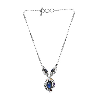 Karis Malagasy Labradorite and Multi Gemstone 19.60 ctw Celestial Garden Necklace in Platinum Bond 18 Inches