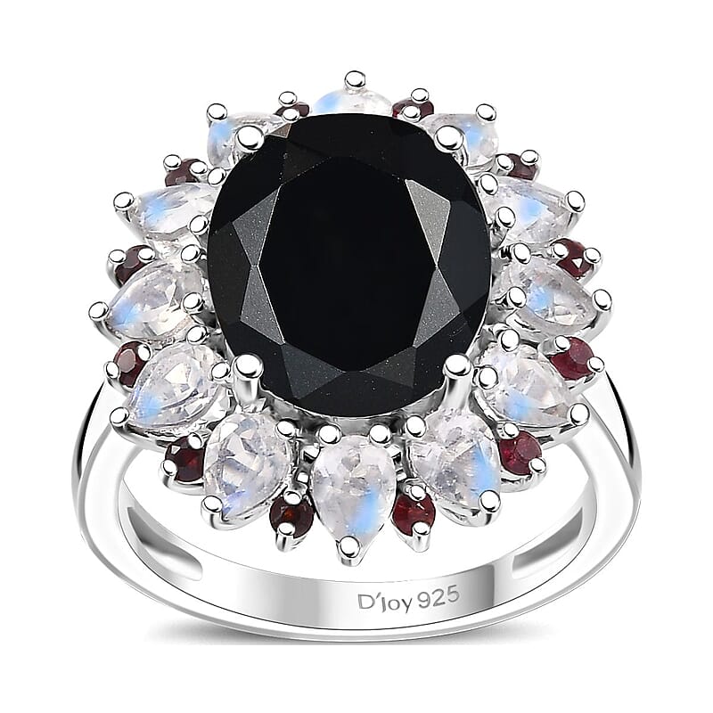 California Black Jade and Multi Gemstone 7.00 ctw Dahlia Bloom Ring in Rhodium Over Sterling Silver (Size 10.0)