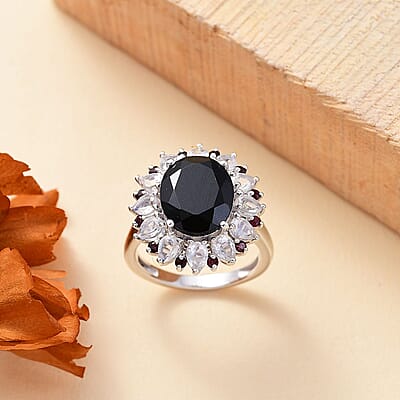 California Black Jade and Multi Gemstone 7.00 ctw Dahlia Bloom Ring in Rhodium Over Sterling Silver (Size 10.0)