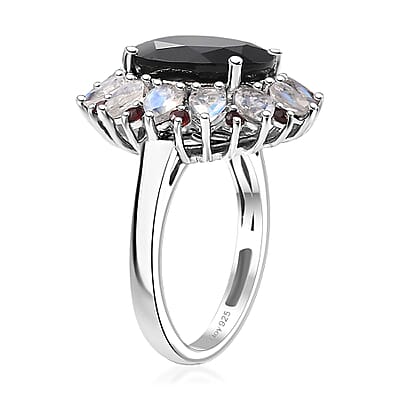 California Black Jade and Multi Gemstone 7.00 ctw Dahlia Bloom Ring in Rhodium Over Sterling Silver (Size 10.0)