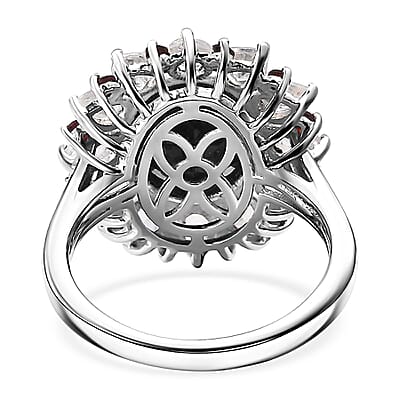 California Black Jade and Multi Gemstone 7.00 ctw Dahlia Bloom Ring in Rhodium Over Sterling Silver (Size 10.0)