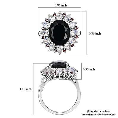 California Black Jade and Multi Gemstone 7.00 ctw Dahlia Bloom Ring in Rhodium Over Sterling Silver (Size 10.0)