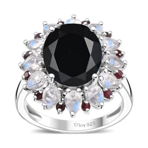 California Black Jade and Multi Gemstone 7.00 ctw Dahlia Bloom Ring in Rhodium Over Sterling Silver (Size 7.0)