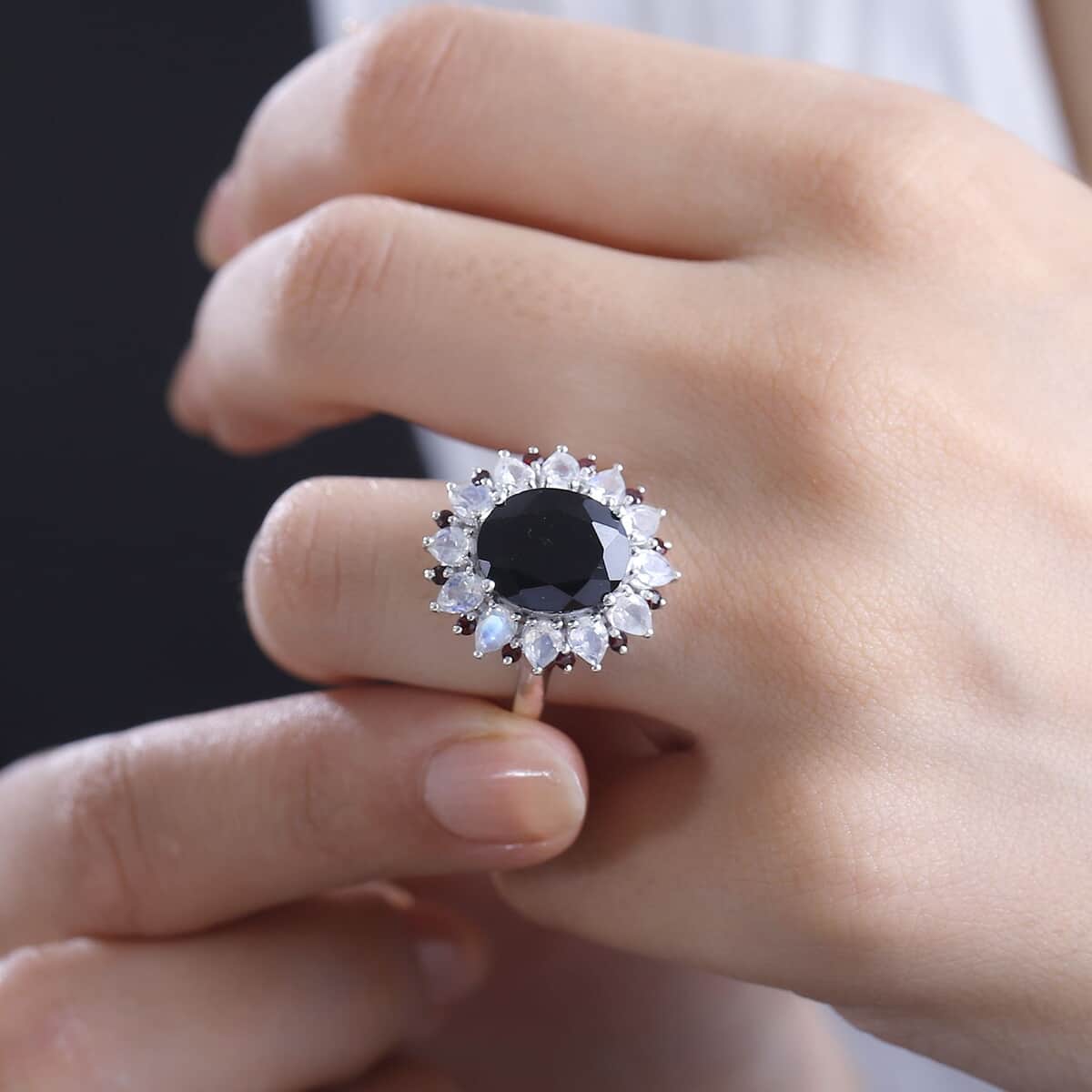 California Black Jade and Multi Gemstone 7.00 ctw Dahlia Bloom Ring in Rhodium Over Sterling Silver (Size 7.0) image number 3